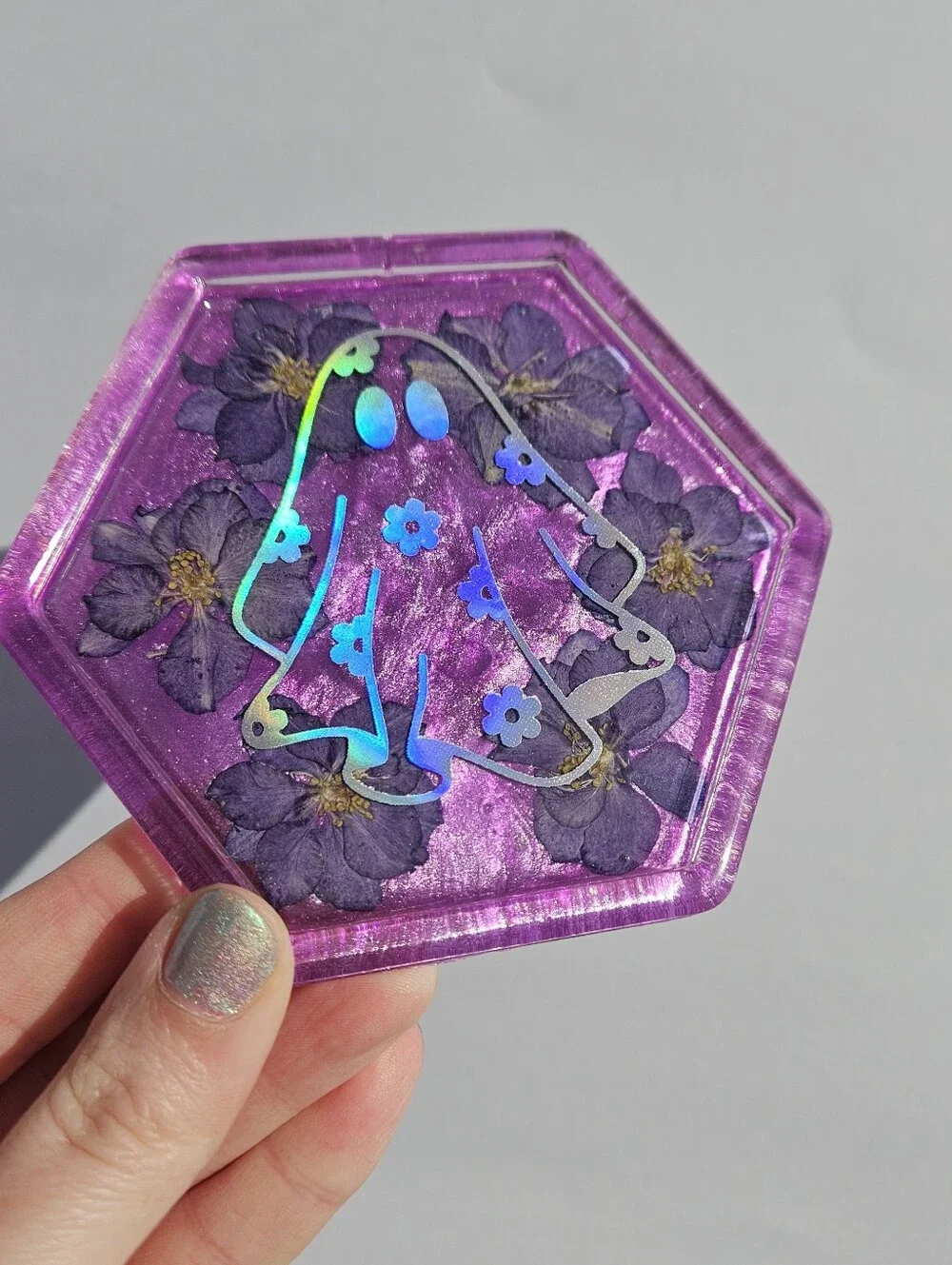 Handmade Purple Hexagon Resin Coaster with Holographic Ghost Design Whimsigoth